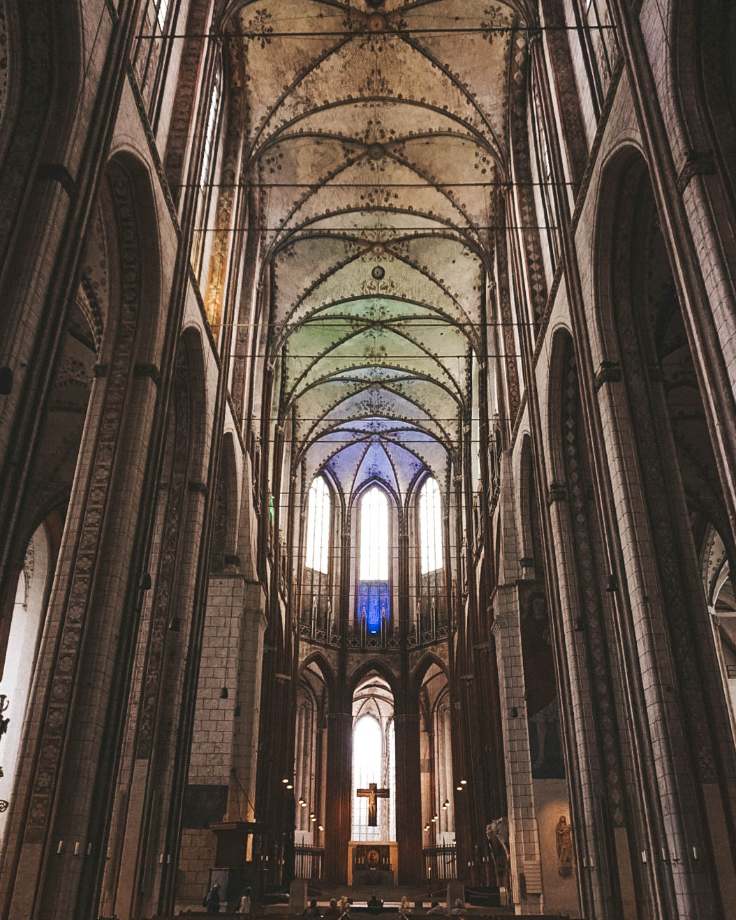 Multicolored lights inside St. Mary's Church in Luebeck Germany. 