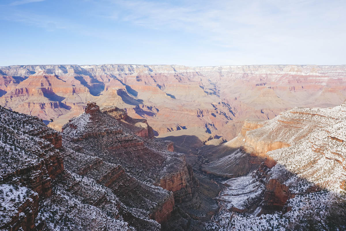 The Grand Canyon, with snow dotting the rock. 