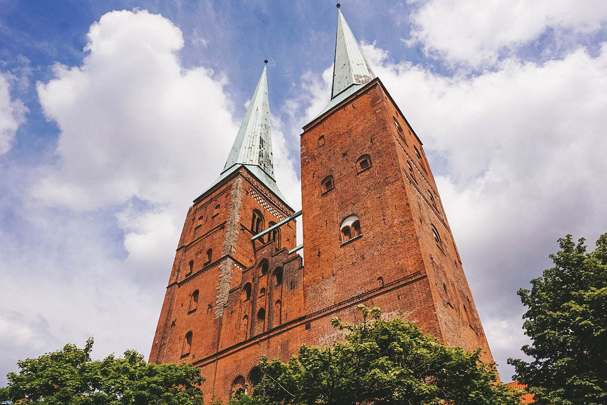 Two towers of the Luebeck Cathedral on a sunny day. 
