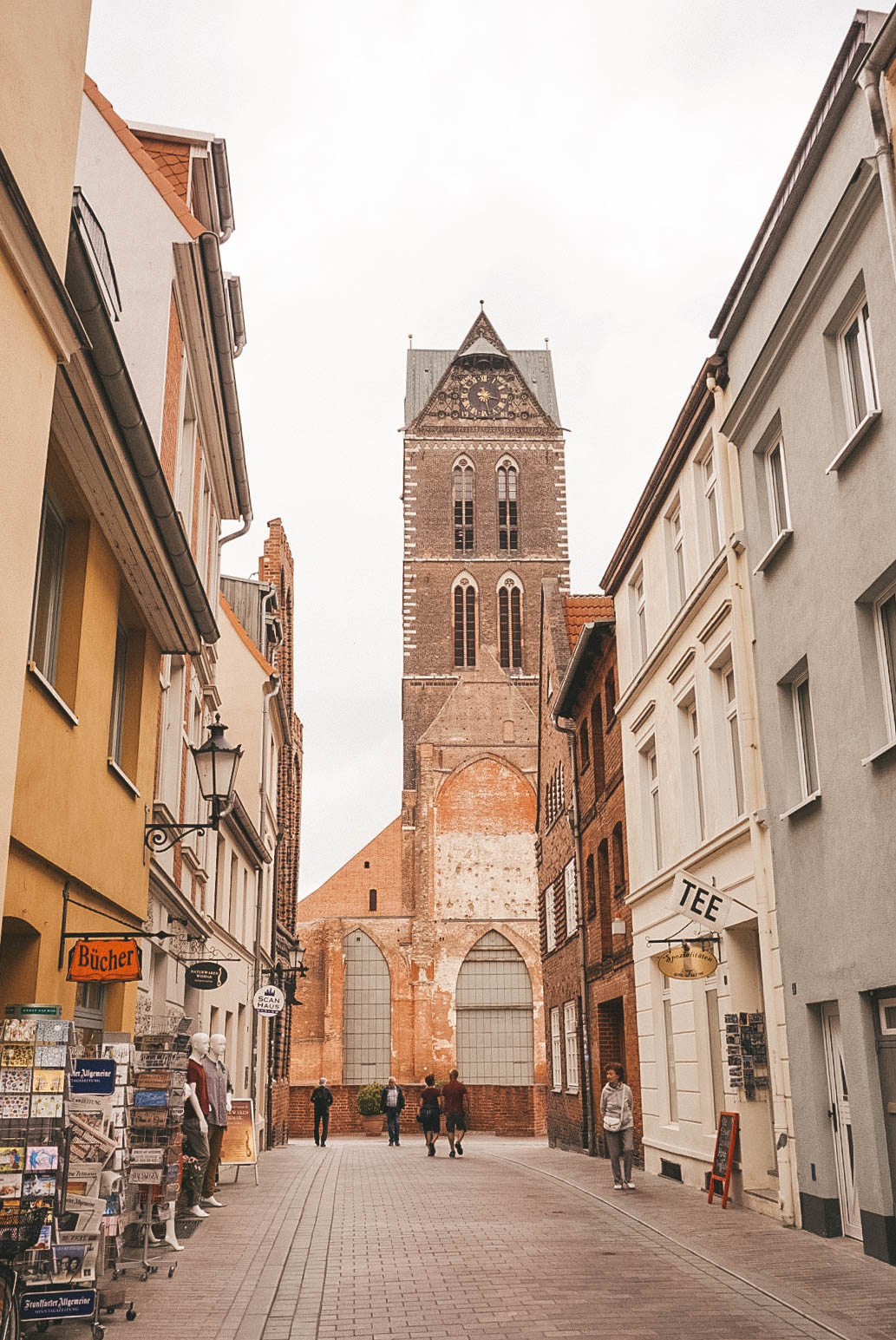 The bell tower of the Marienkirche, at the end of a street in Wismar.