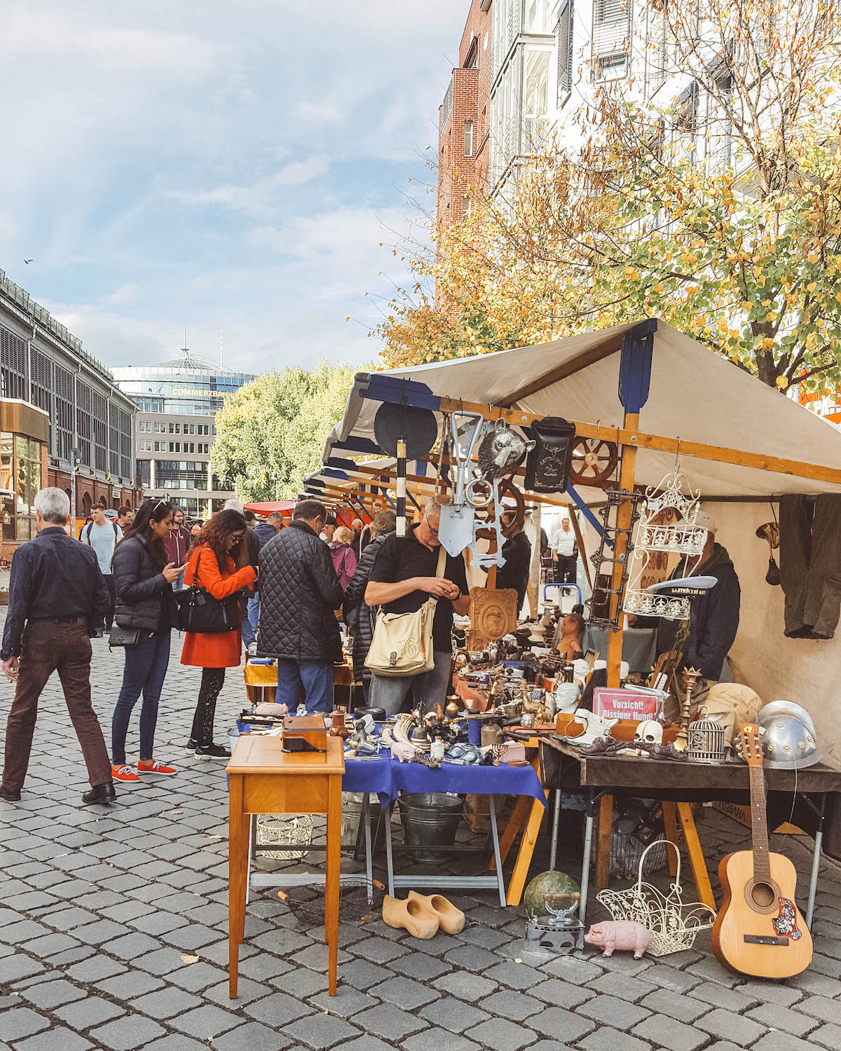 Side view of the flea market at the Ostbahnhof in Berlin.