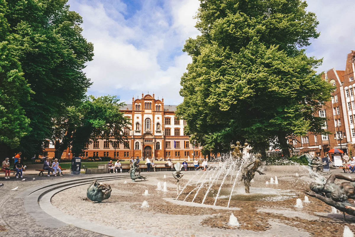 The fountain of University Square in Rostock, Germany.