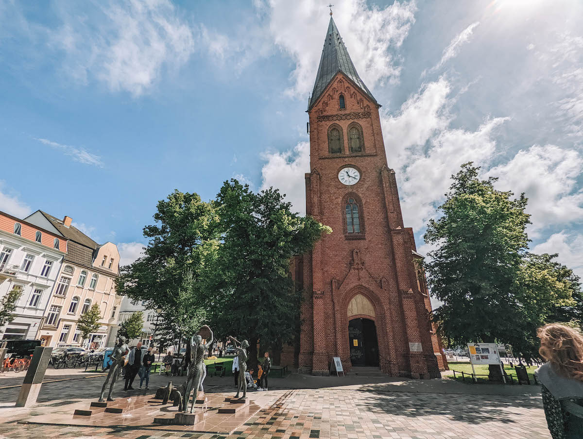 Front of Warnemünde church on a sunny day 