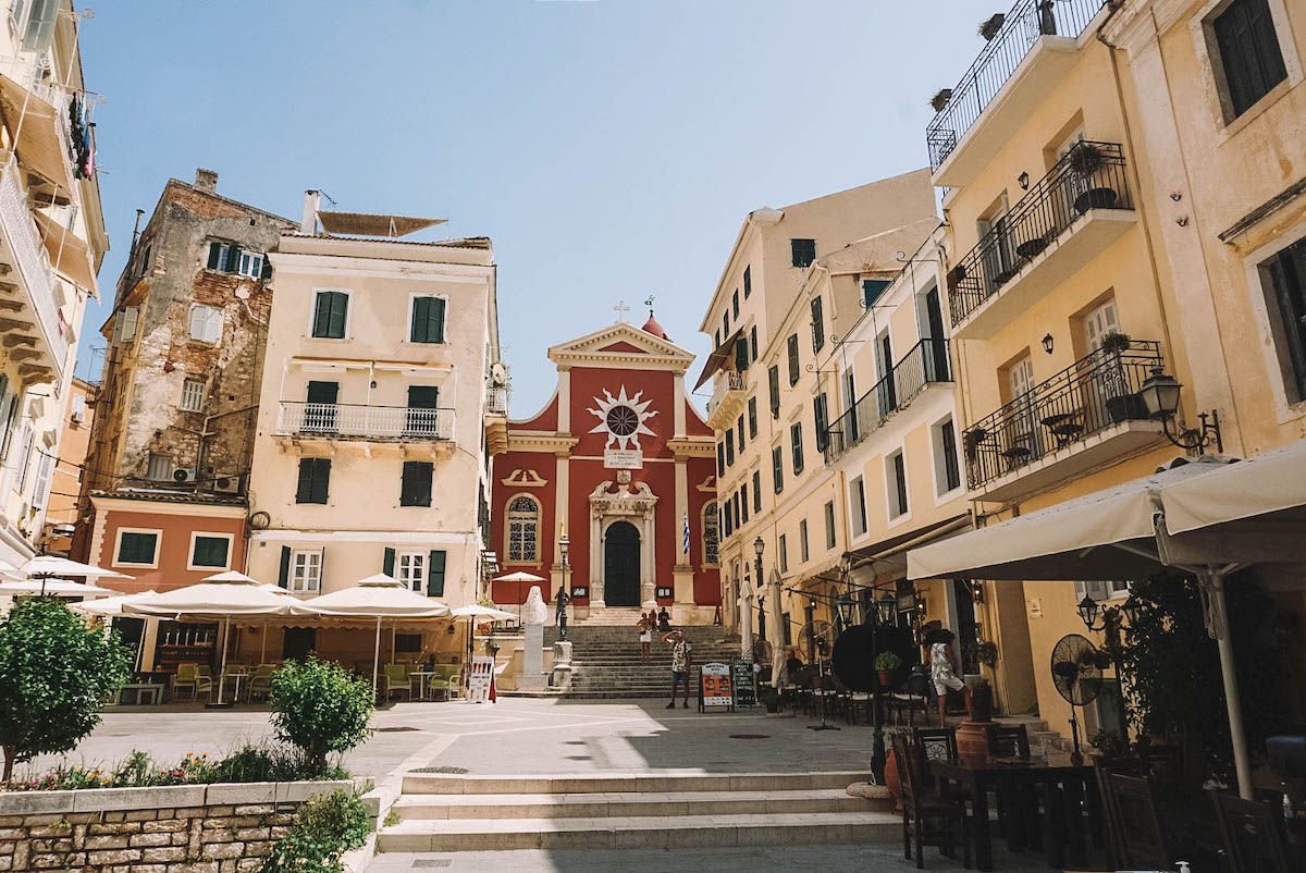 Square in Corfu Old Town, with Holy Metropolitan Church of the Virgin Mary Spilaiotissa in the back.