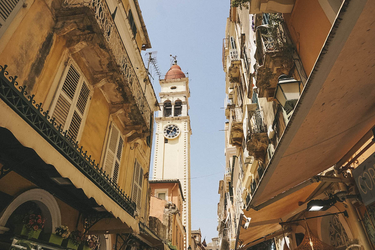 The bell tower of the church of saint spyridon in Corfu. 