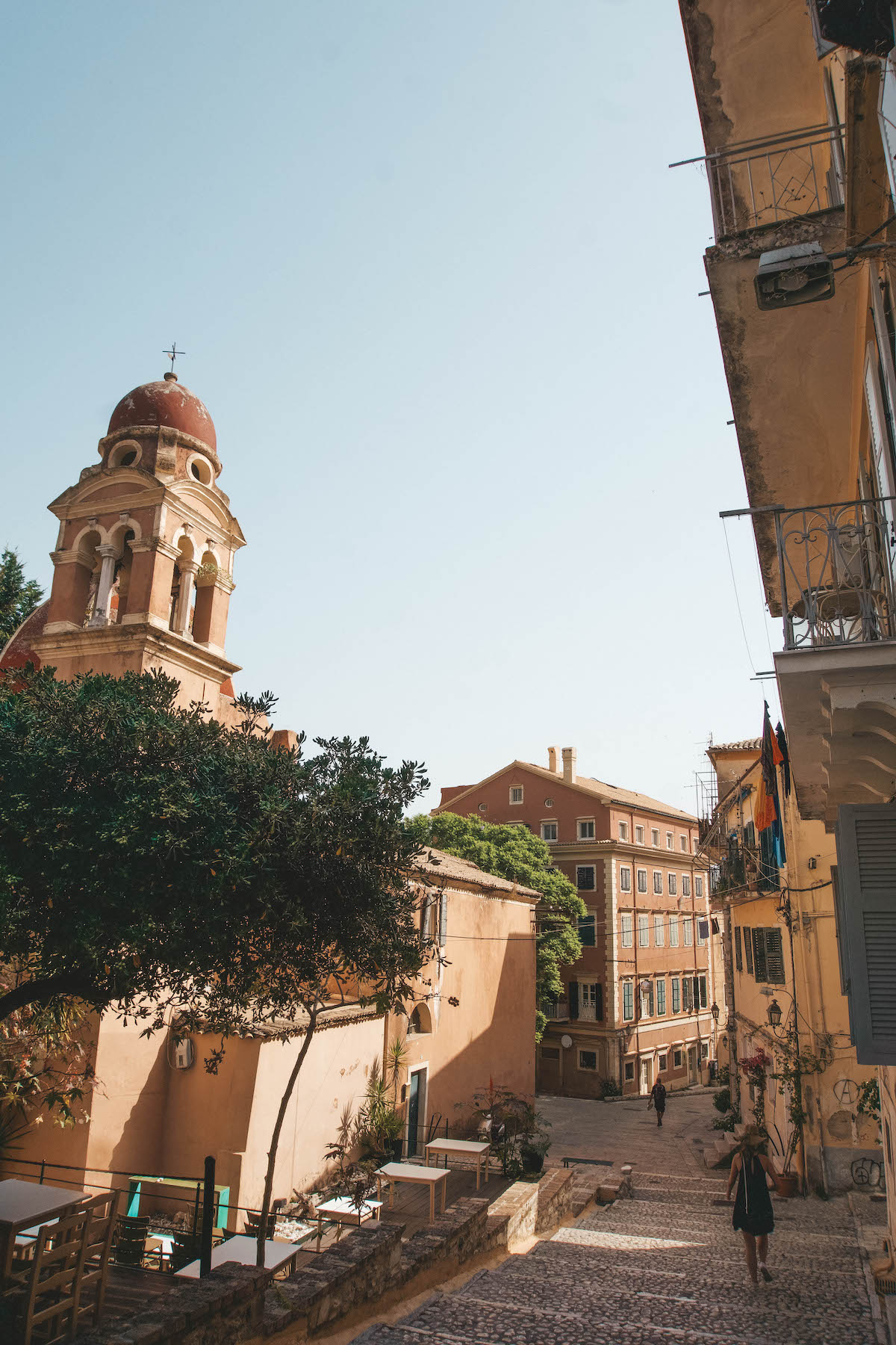 Corfu Old Town street, seen in early morning light. 