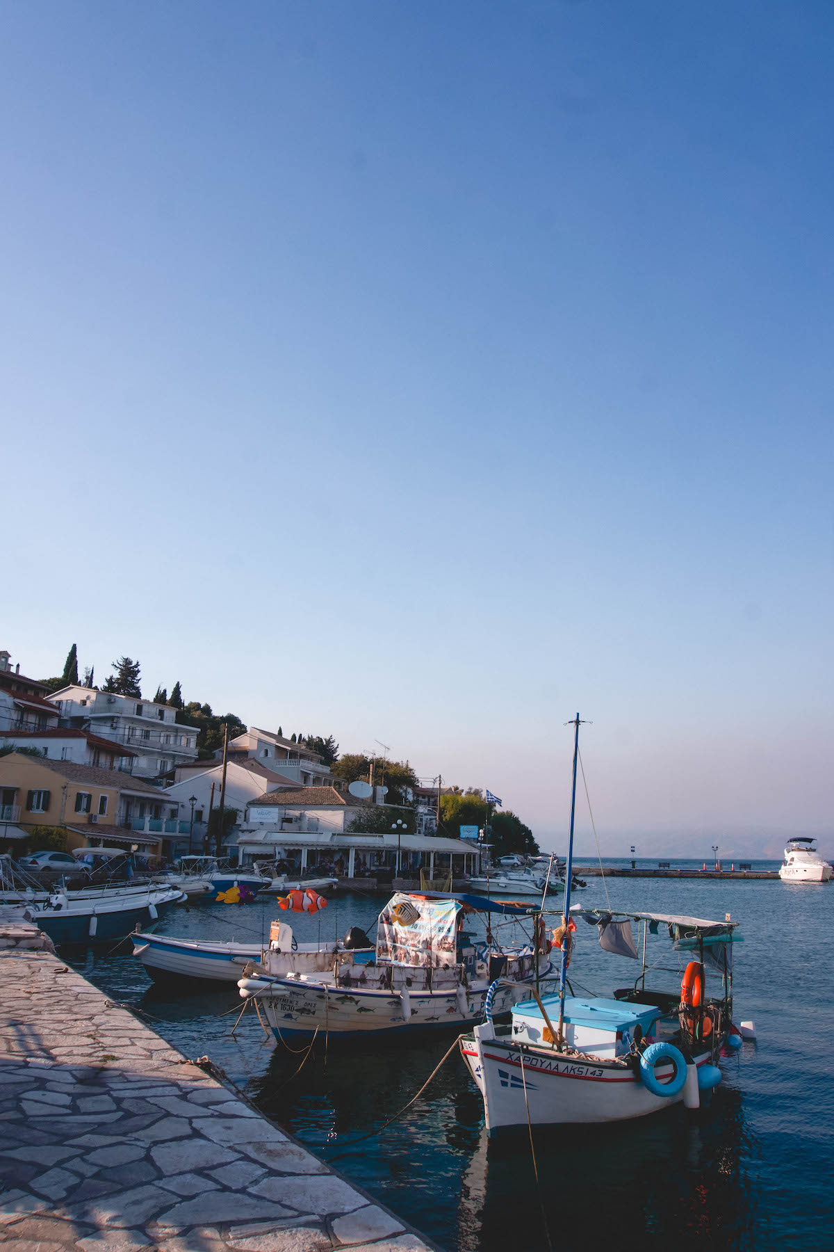 The marina in Kassiopi at sunset. 