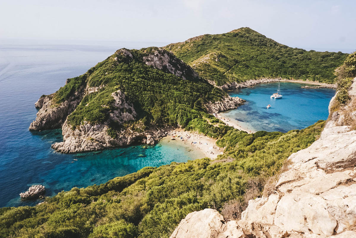 Porto Timoni in Corfu, seen from above. 