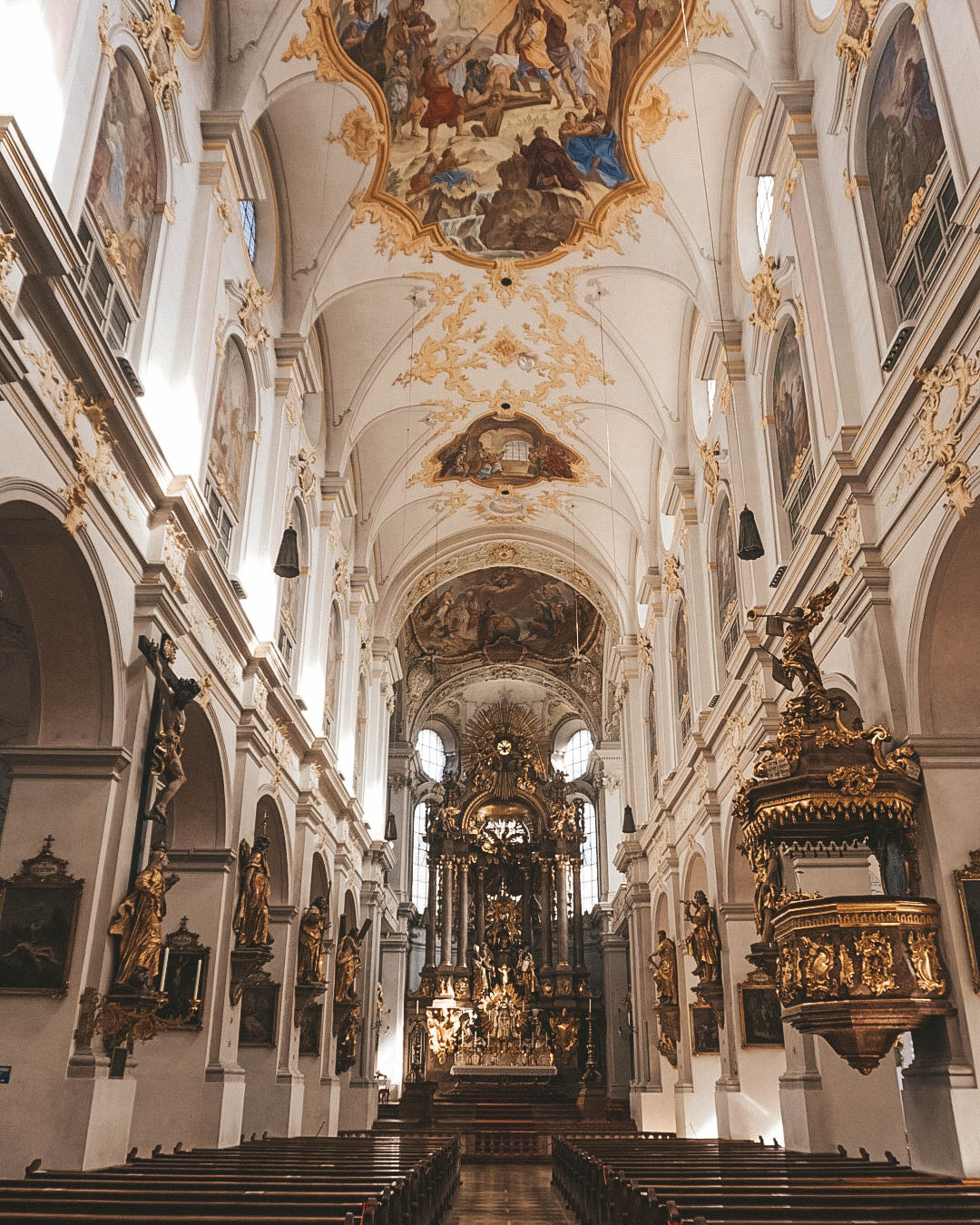 Interior of the Alter Peterskirche in Munich, Germany. 