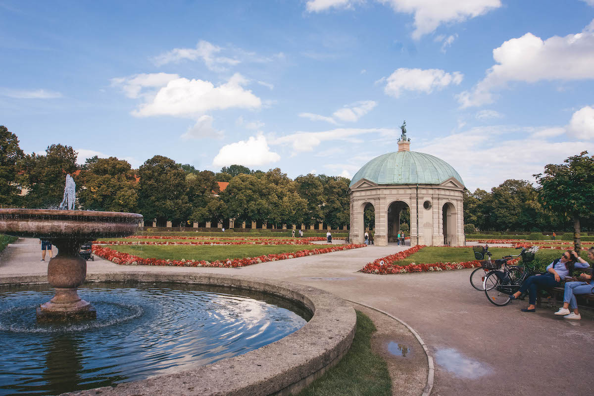 Fountain and pagoda inside the Hofgarten in Munich. 