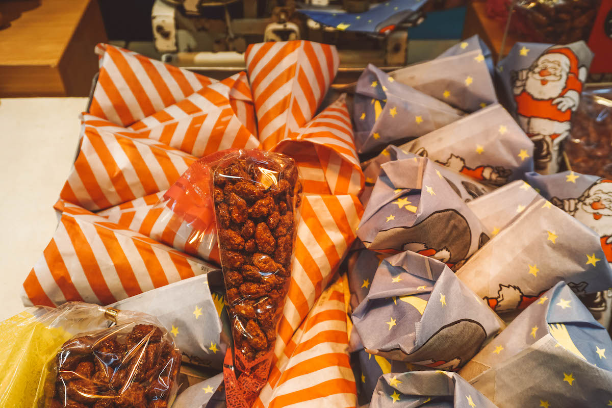 Bags of candied almonds at a German Christmas market 