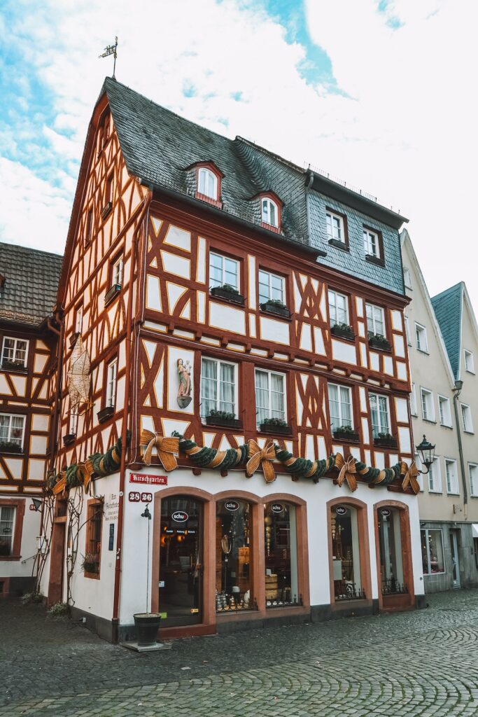 Half-timbered house in Mainz decorated for Christmas