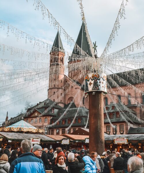 The Heunensäule in Mainz decorated with string lights