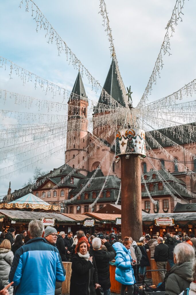 The Heunensäule in Mainz decorated with string lights