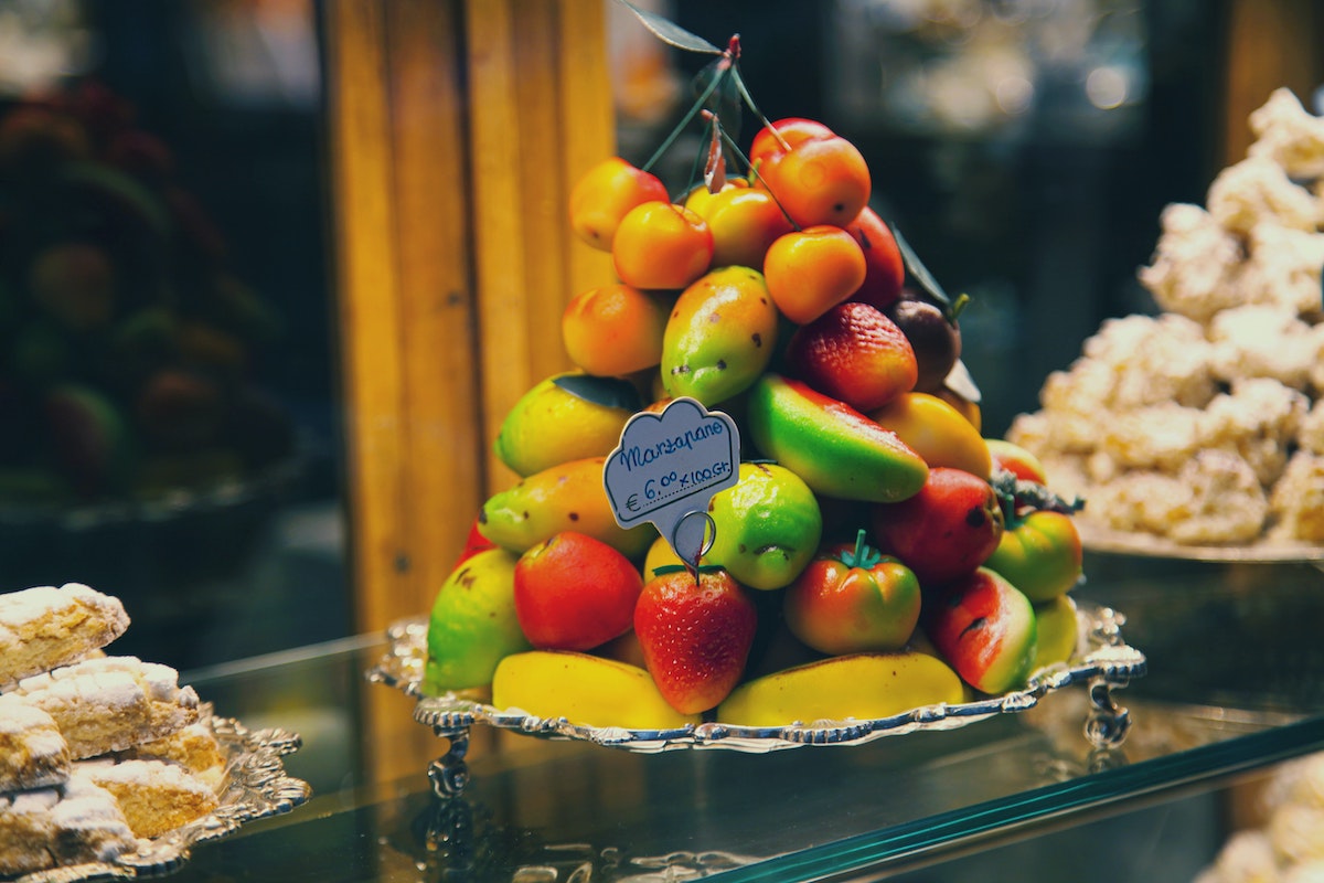 A stack of fruit-shaped marzipan 