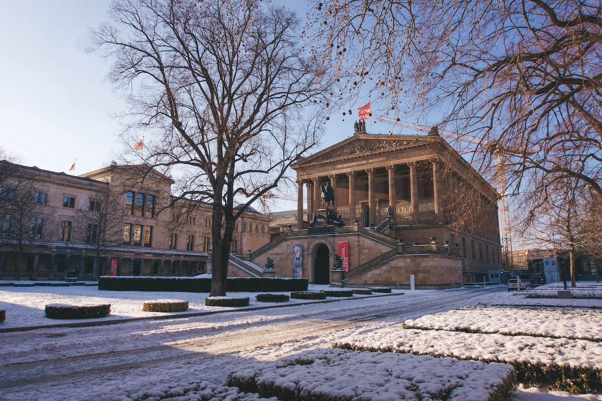 The Alte Nationalgalerie in Berlin, covered in snow