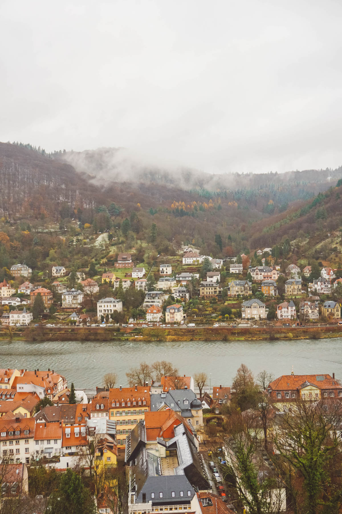 View from above of Heidelberg Old Town, Neckar River, and opposite bank. 