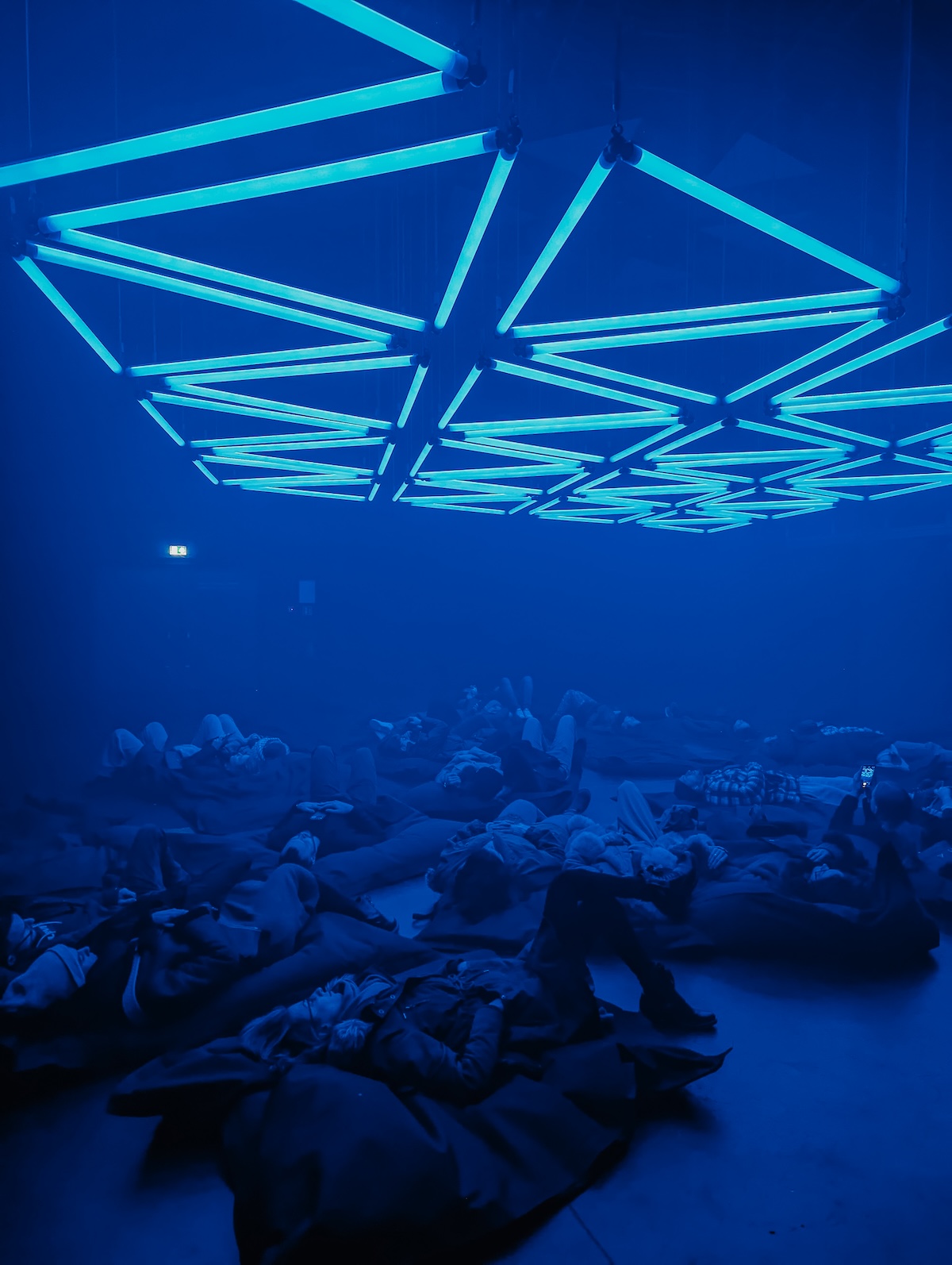 A blue lights installation at Dark Matter in Berlin.