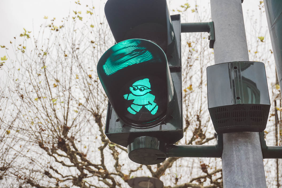 A gnome crosswalk light in Mainz, Germany