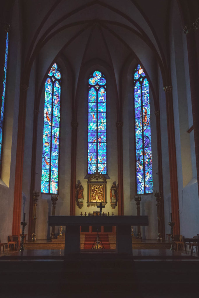 The blue Marc Chagall windows inside St. Stephan's Mainz
