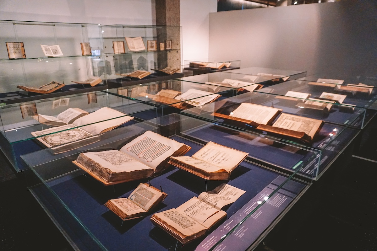 Books on display at the Gutenberg Museum in Mainz, Germany. 