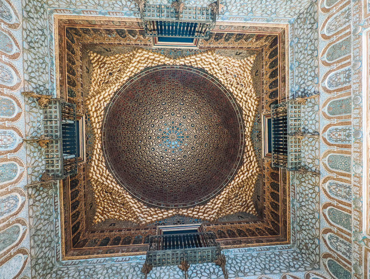 Ceiling of the Hall of Ambassadors in the Real Alcazar of Seville, Spain. 