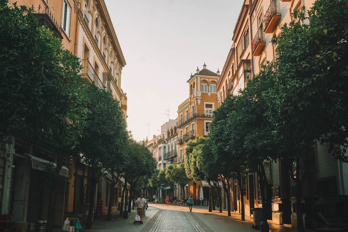 A street in Seville, Spain near sunrise. 