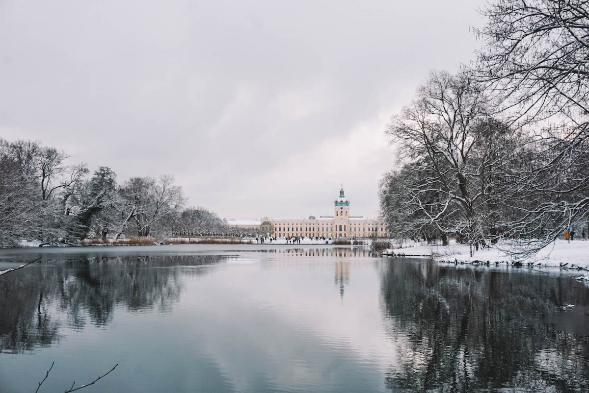 Charlottenburg Palace lake and gardens, covered in snow