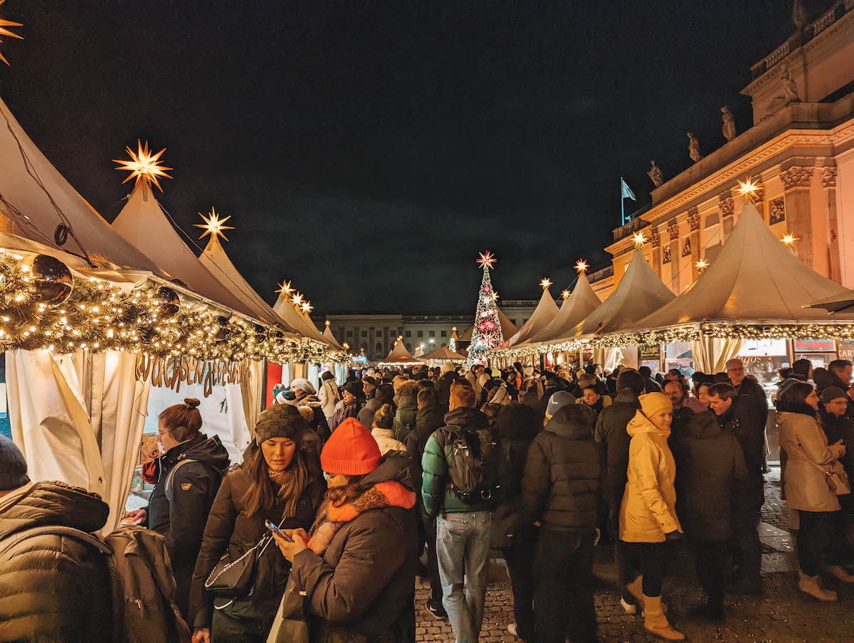 Tents at the Gendarmenmarkt Christams market, at the Bebelplatz location. 