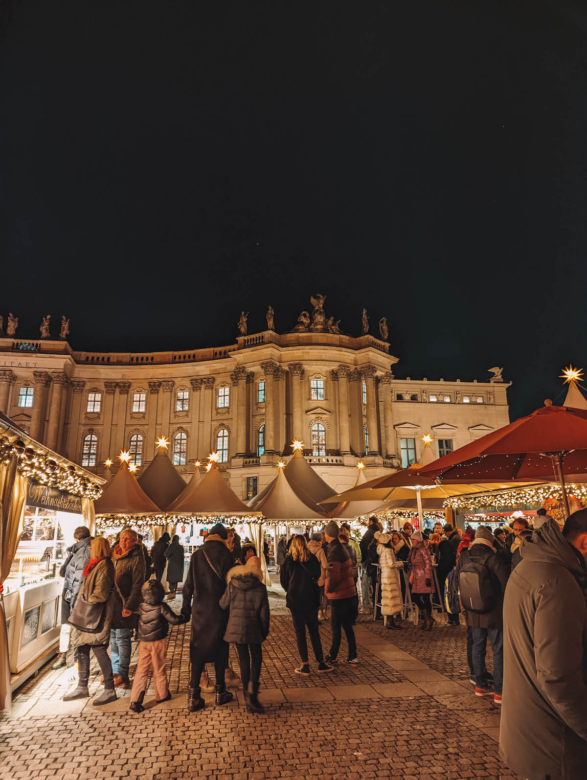 Christmas market stalls set up at Bebelplatz in Berlin, Germany