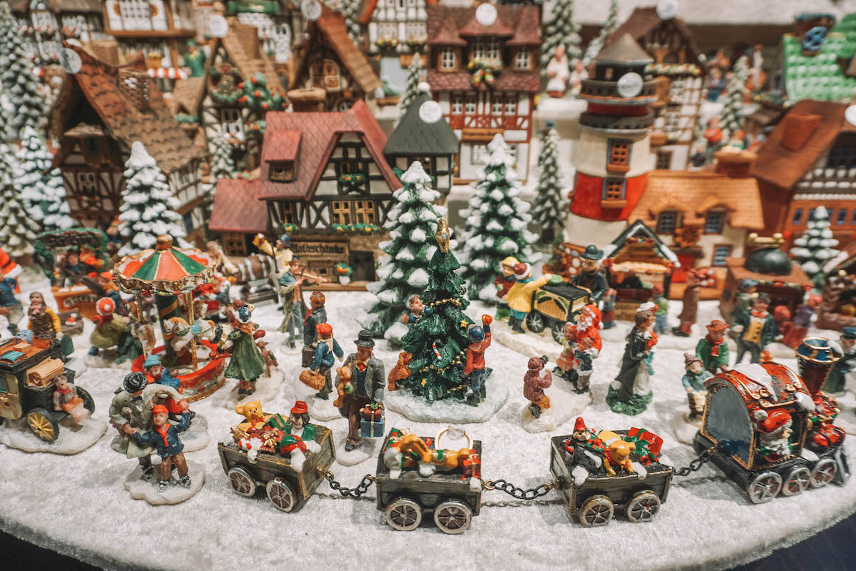 A toy train display at a German Christmas market