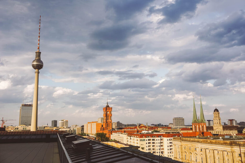 View of the TV tower in Berlin, seen from the rooftop of the Humboldt Forum.