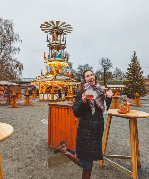 A woman being goofy at the Spandau Citadel Christmas market.