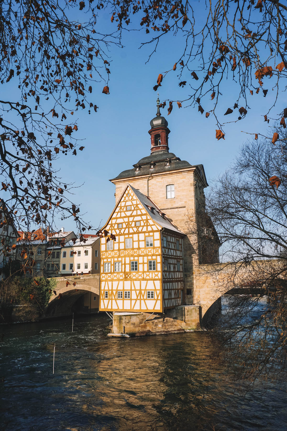 Bamberg's Old Town Hall, seen through tree branches on a winter day. 