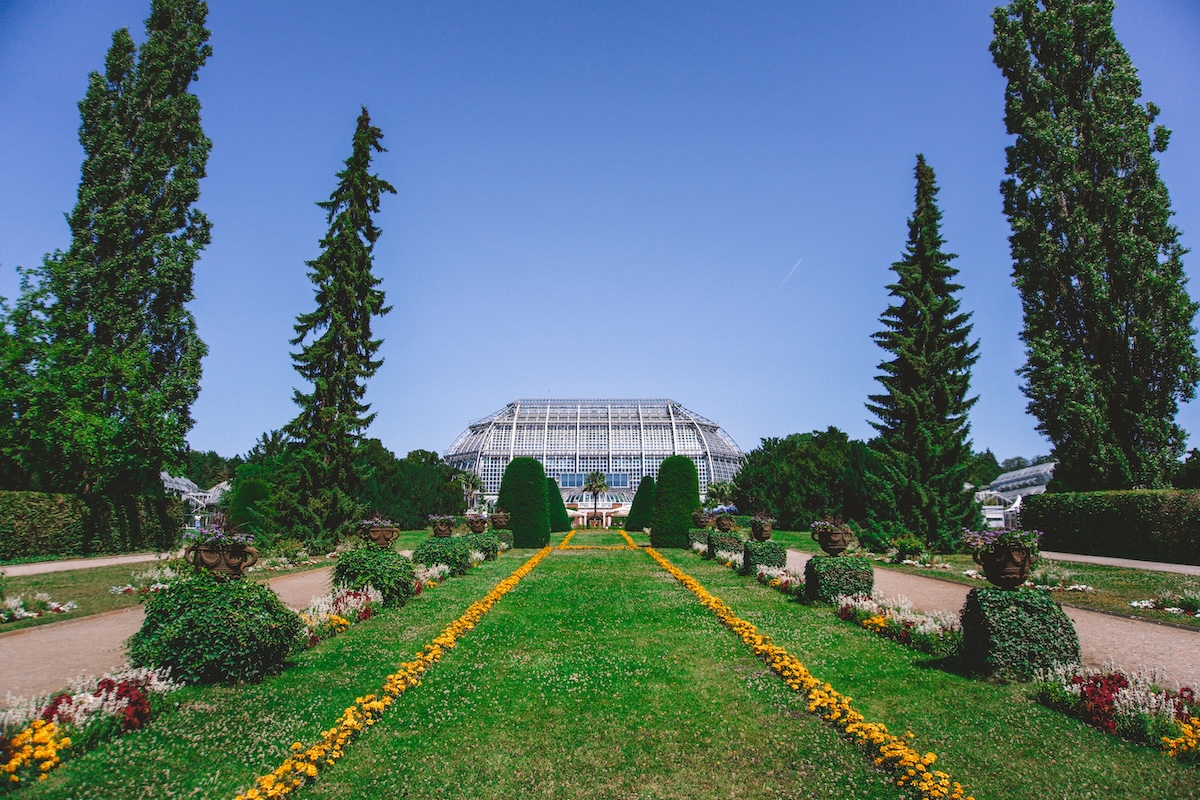 Central greenhouse and lawn at Berlin Botanic Garden.