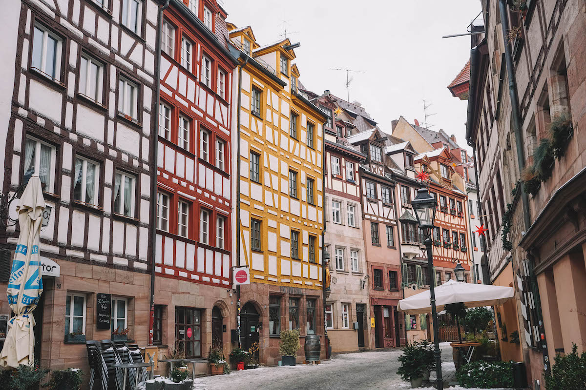 Half-timbered houses along Weißgerberstraße in Nuremberg Old Town. 