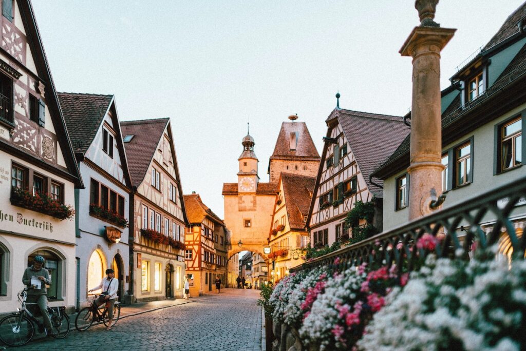 Street with half-timbered houses in Rothenburg ob der Tauber. 