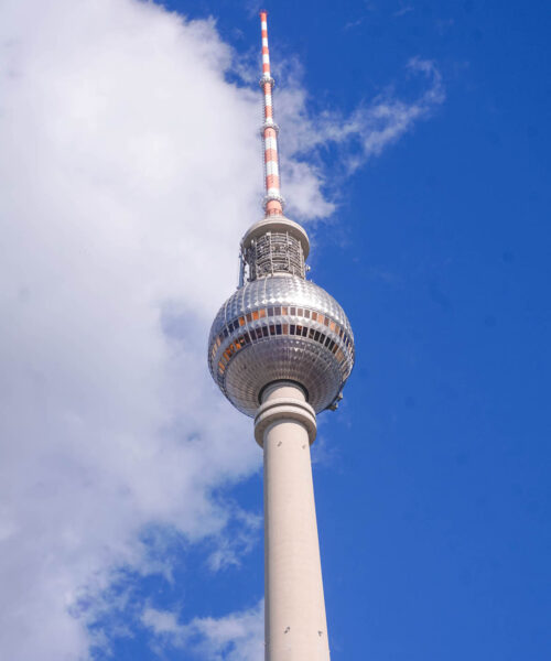 A close-up view of the ball at the top of Berlin's TV tower