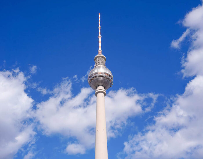 A close-up view of the ball at the top of Berlin's TV tower