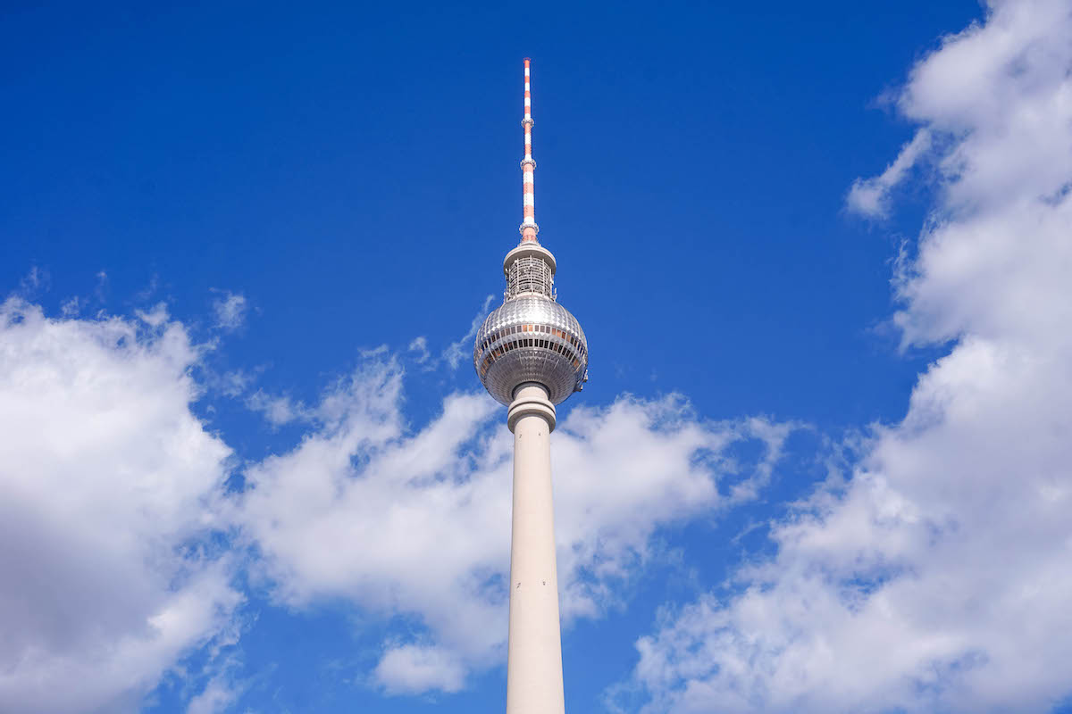 A close-up view of the ball at the top of Berlin's TV tower