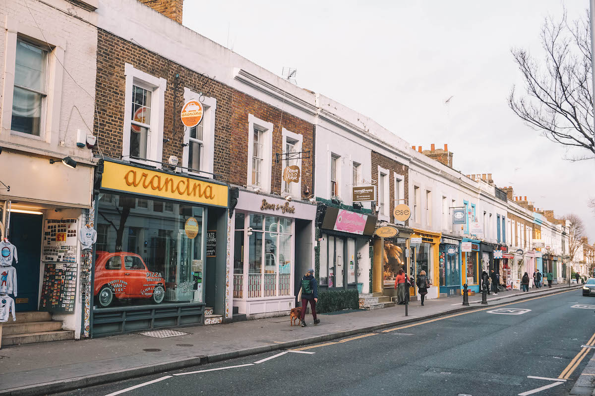 A shopping street in London's Notting Hill neighborhood. 