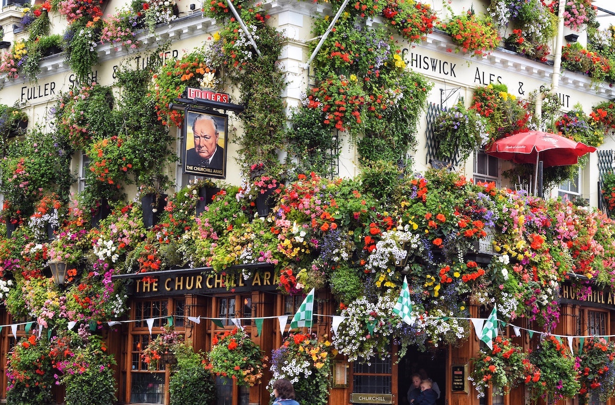 Front of the Churchill Arms in Notting Hill