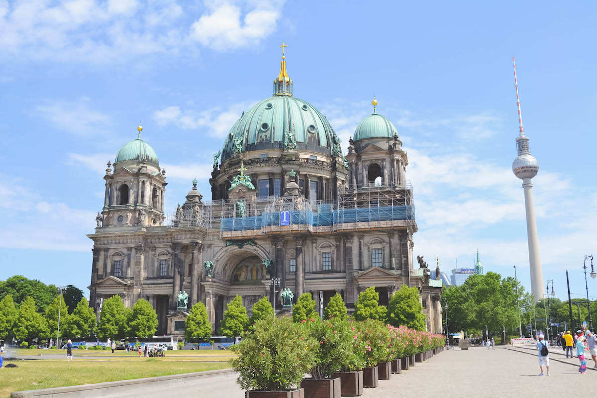 The Berlin Cathedral, with the TV Tower seen in the distance. 