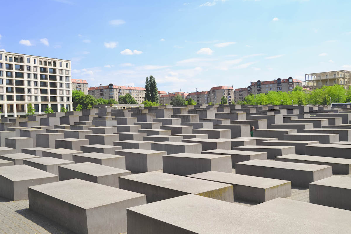 Concrete slabs stretching far in front of you at the Memorial to the Murdered Jews of Europe in Berlin.