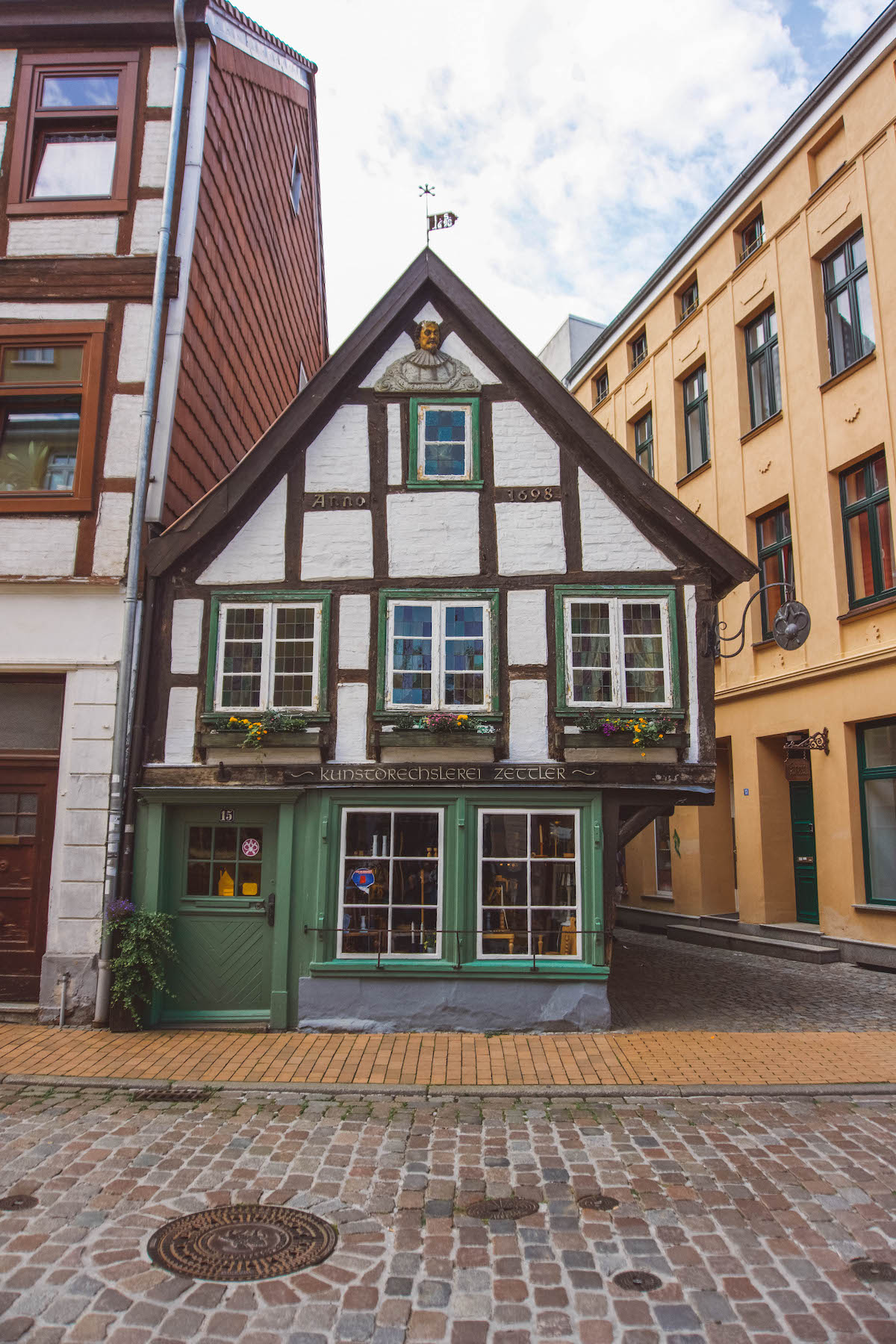 A half-timbered house in Old Town Schwerin, Germany. 