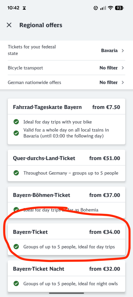 Bayern Ticket in the Deutsche Bahn Navigator app