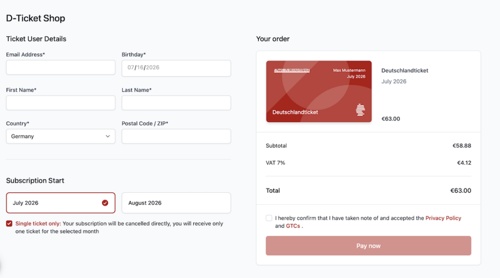 the purchase screen for the Deutschland Ticket website
