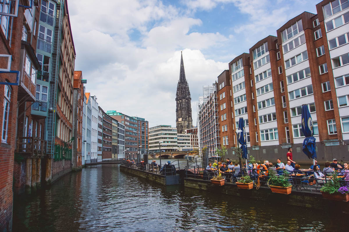 A view of the river and row houses in Hamburg, Germany