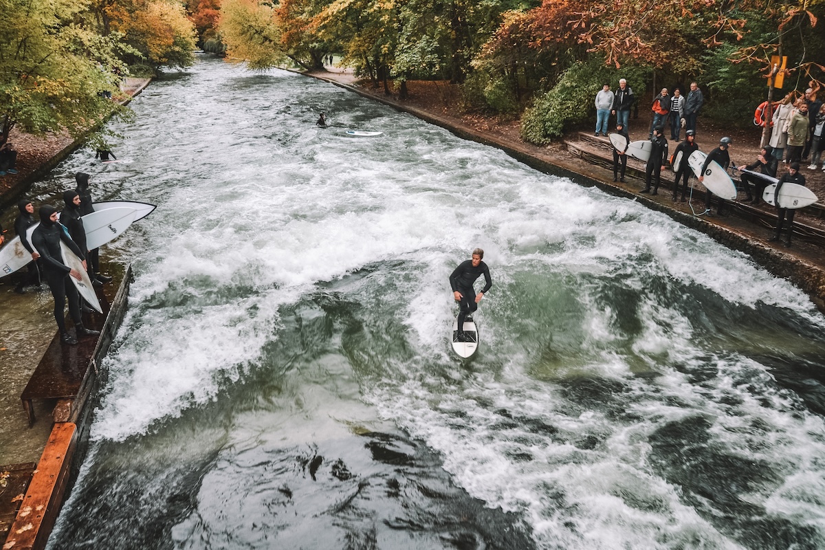 surfers on the Eisbach in Munich