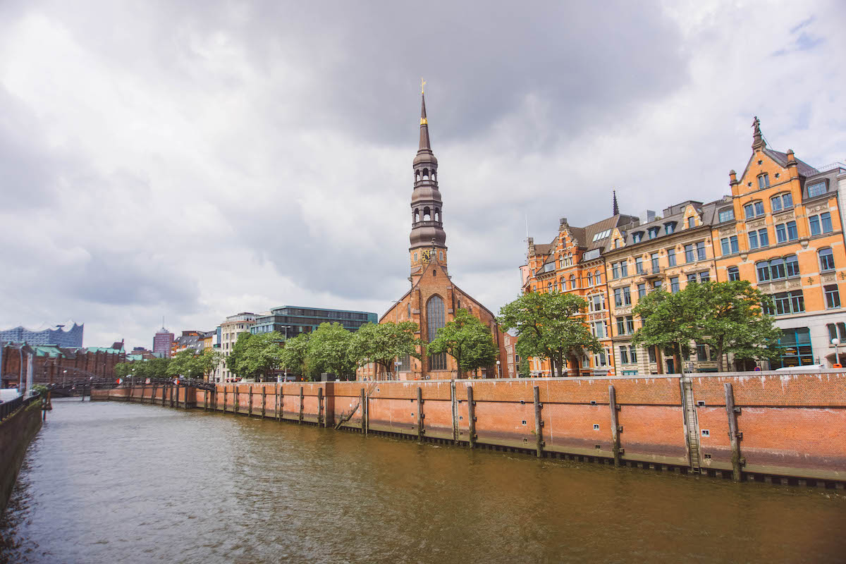 A view of St. Catherine's spire, across the river in Hamburg